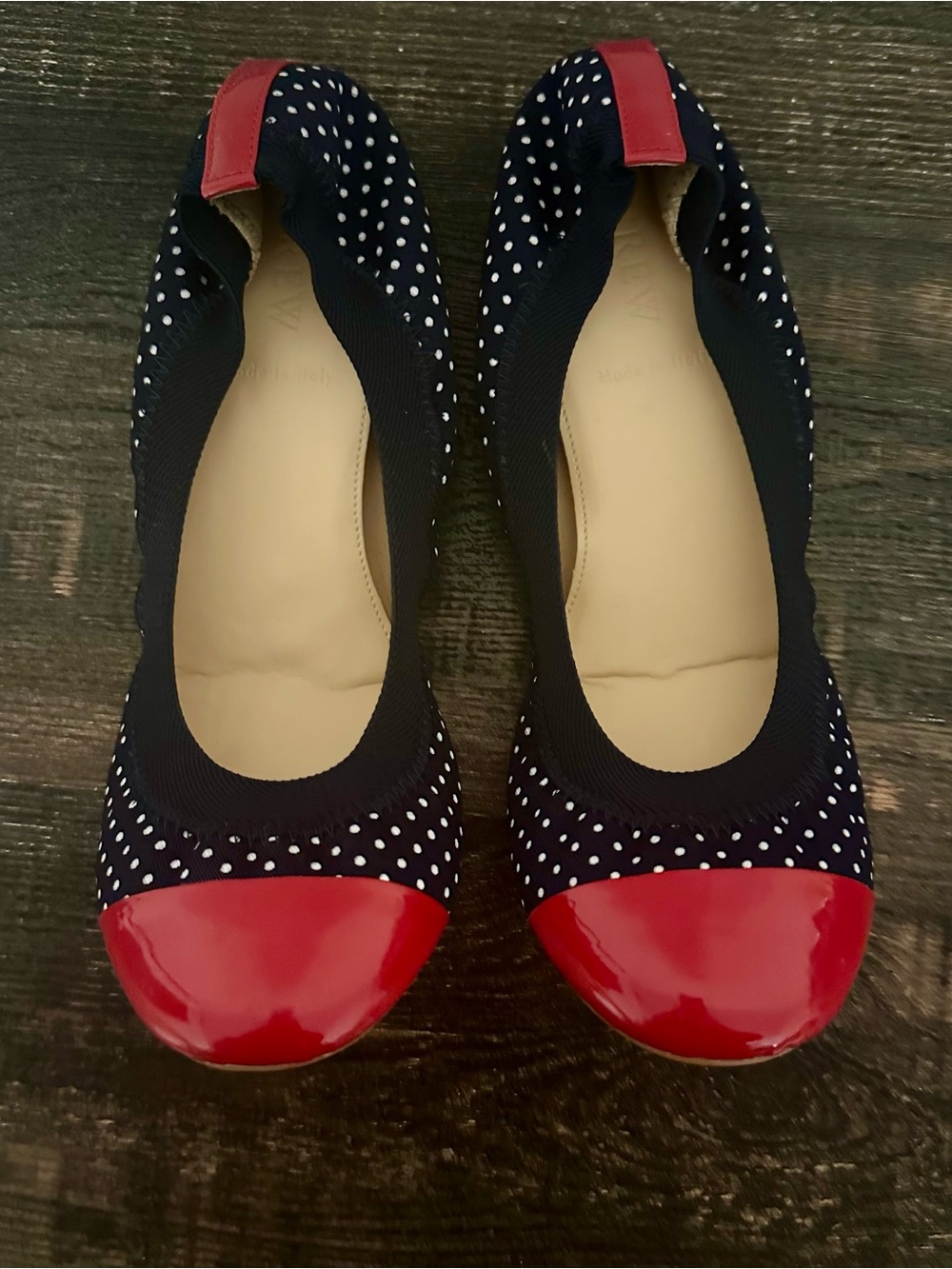J.Crew Mila Ballet Flats Navy White Polka Dot Red Patent Cap Toe Women's Size 7